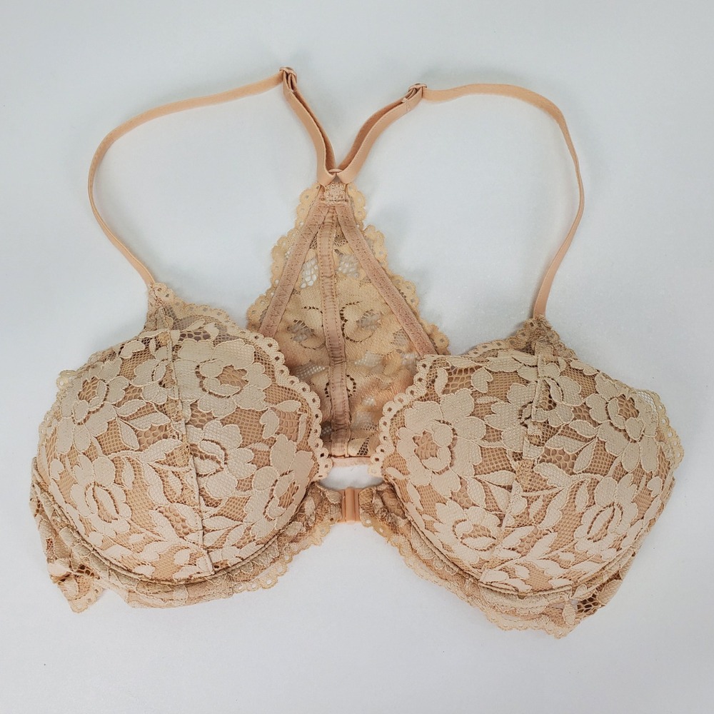 Victoria's Secret PINK Lace Front Close Push Up Bra Beige Racerback 34B